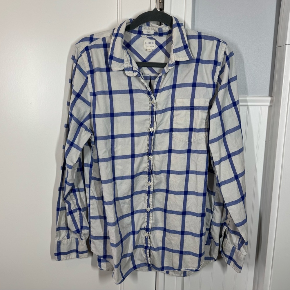J. Crew Boy Fit Cotton‎ Button-Up Shirt Lightweight Checkered Blue White Size XL